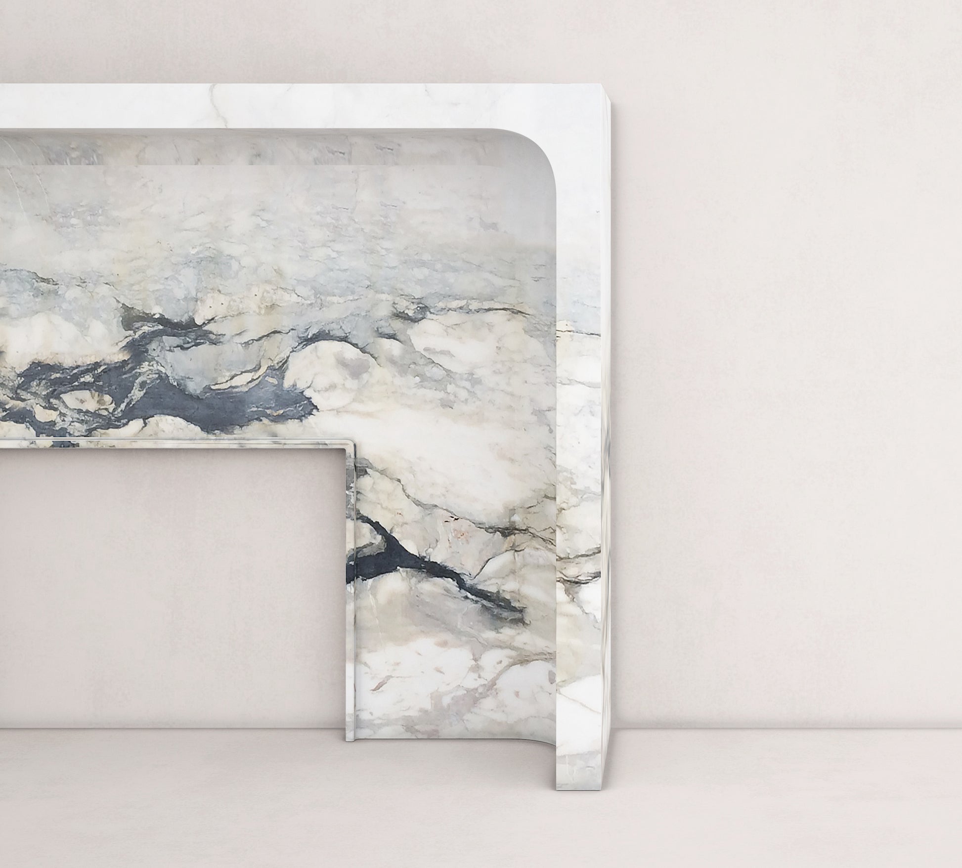 Detail of Giacomo marble fireplace showing natural stone veining