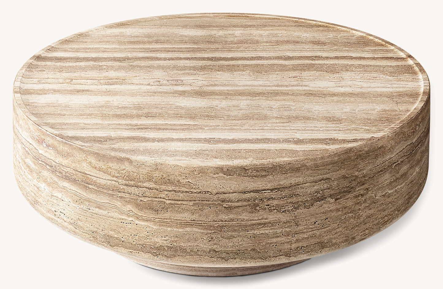 Giardino travertine coffee table angled view round natural stone table by Eden Stone Designs