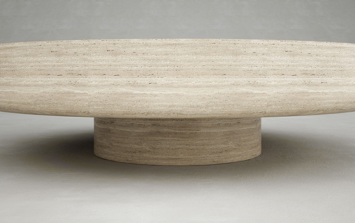 Giardino travertine coffee table pedestal base round natural stone table by Eden Stone Designs