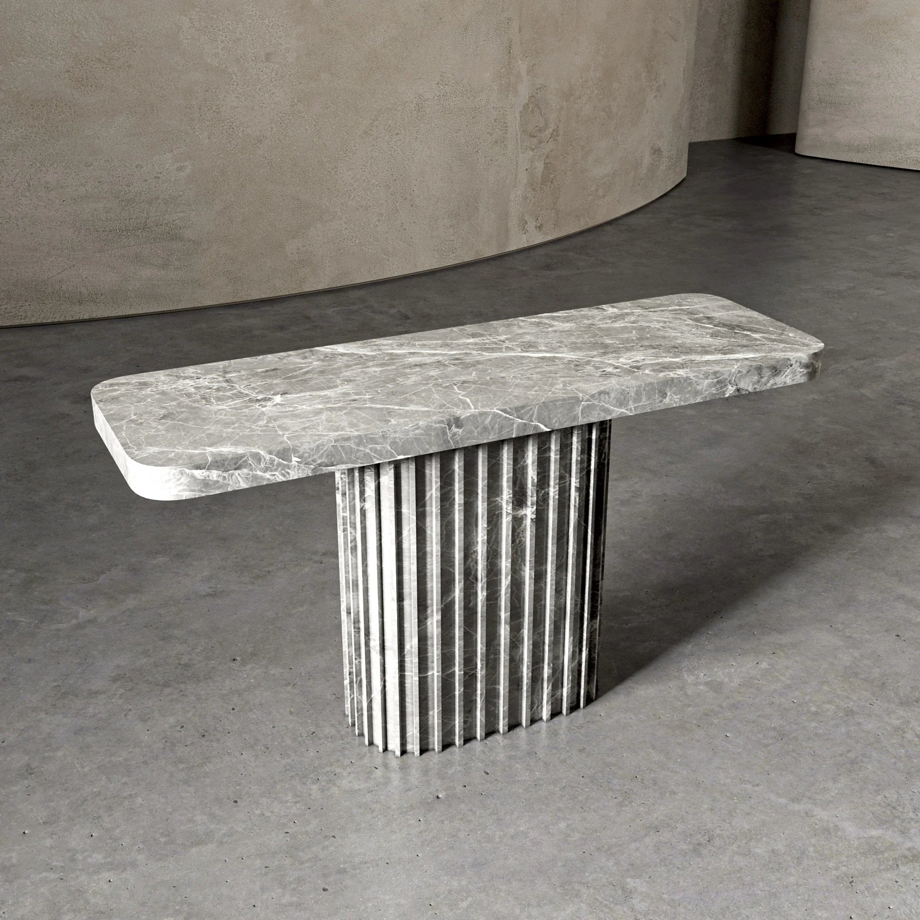 Italo grey marble console table with fluted stone base modern sculptural design