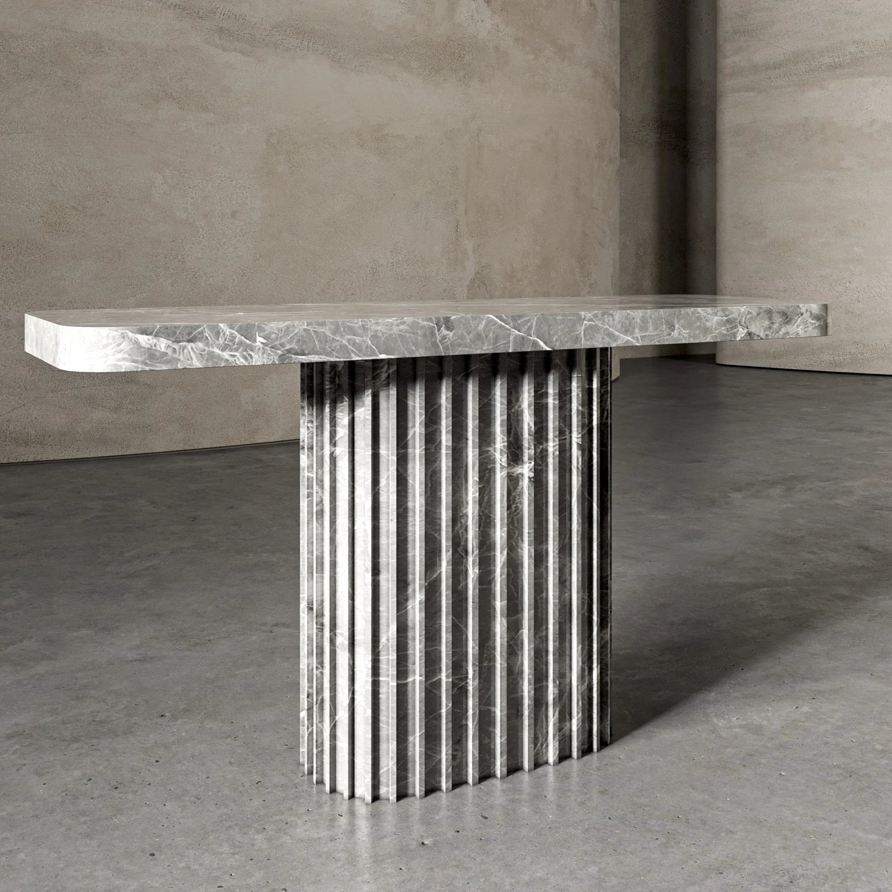 Italo grey marble console table sculptural design with fluted stone base