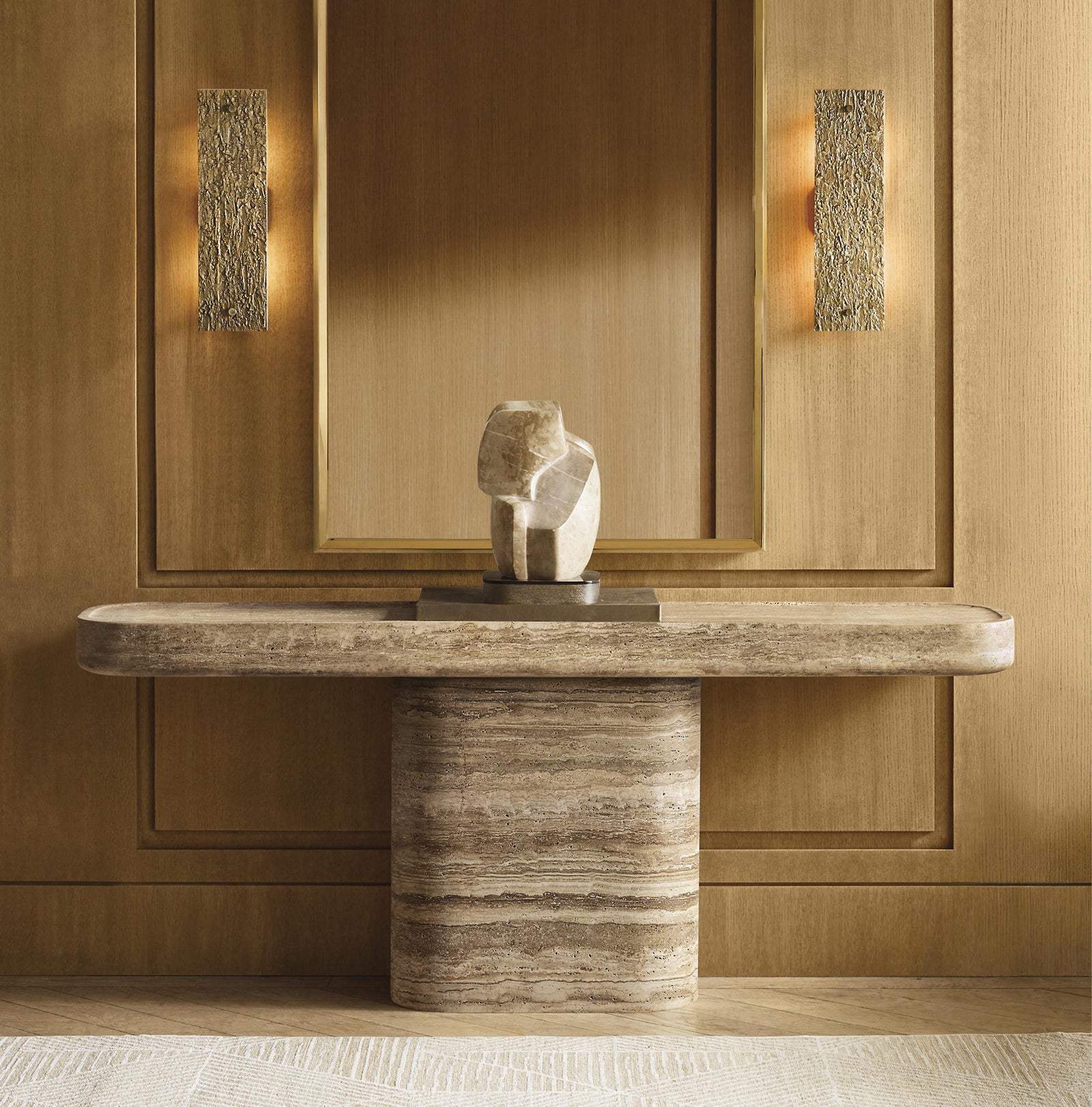 Italo travertine console table in luxury interior design setting