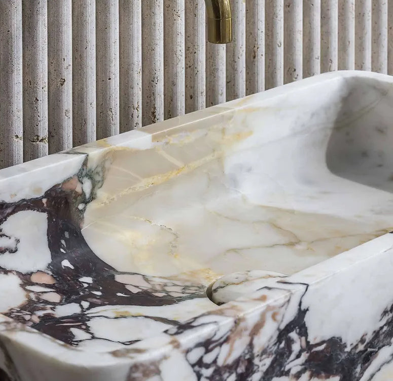 luxury marble sink Calacatta Viola bold veining custom stone bathroom basin Milan Eden Stone Designs