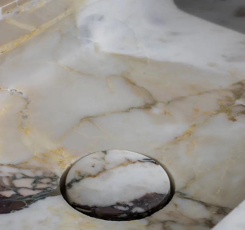 high end marble sink integrated drain natural stone vanity detail Milan design Eden Stone Designs