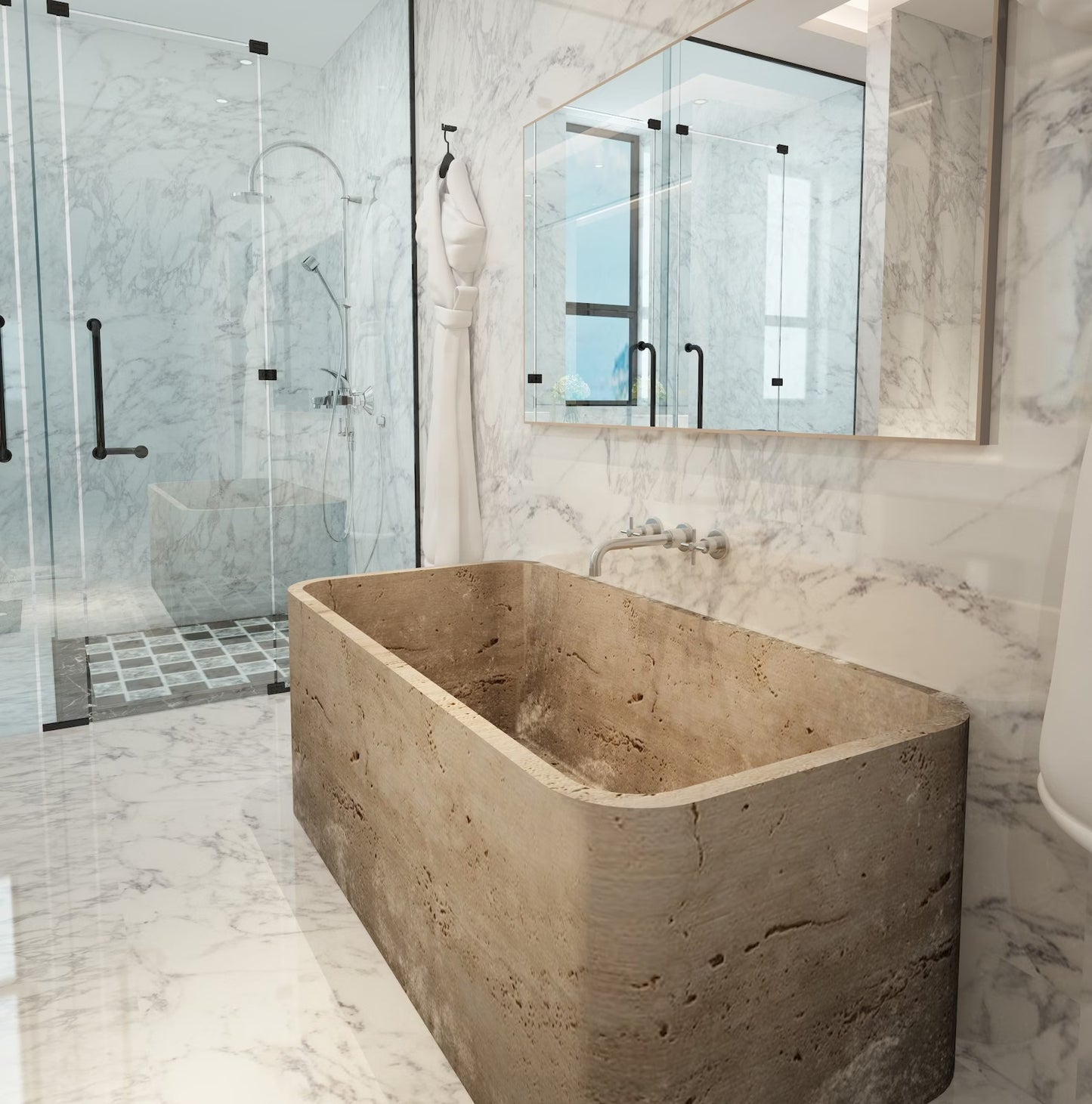 Mirlo travertine stone bathtub carved from natural marble with sculptural freestanding design