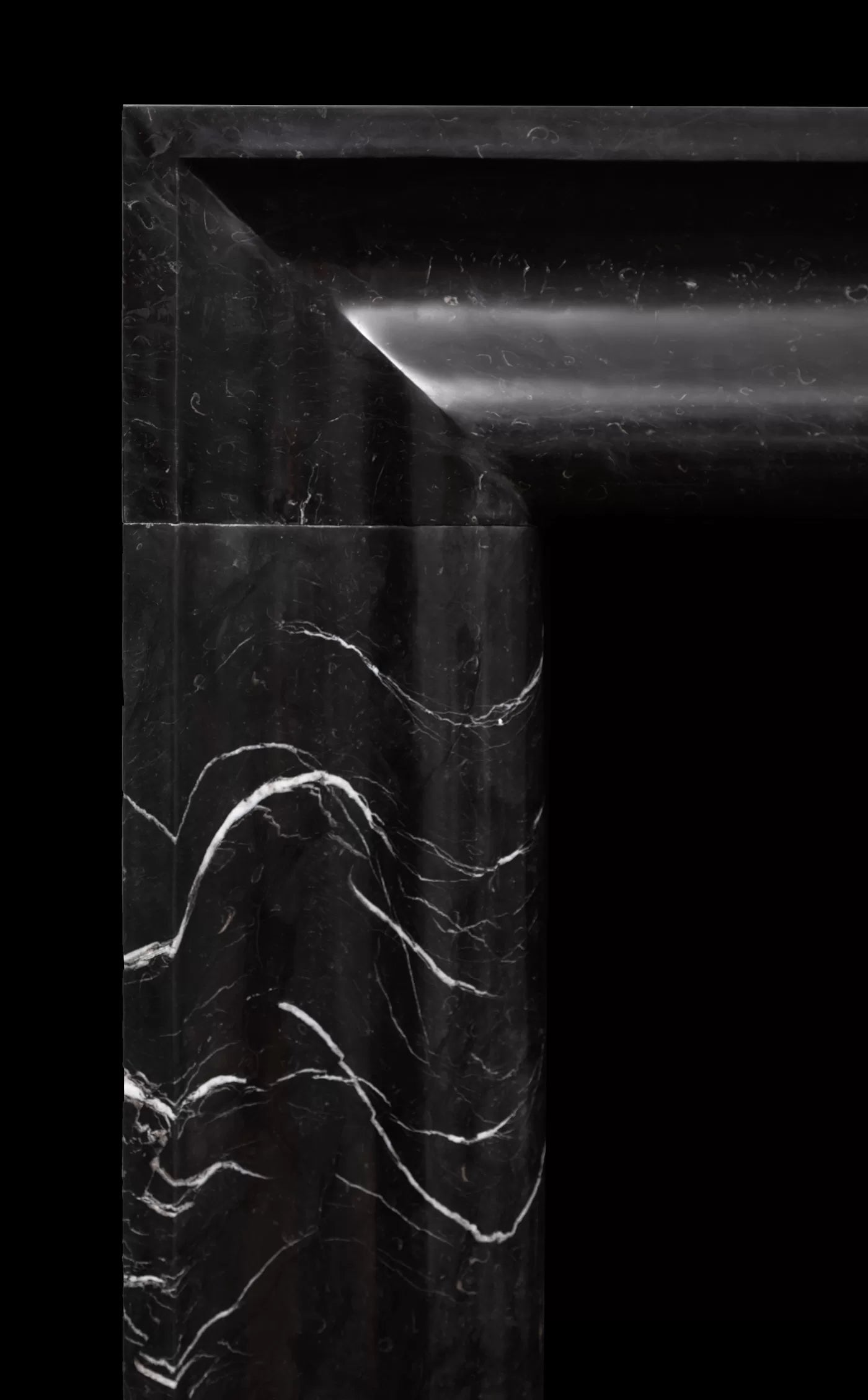 Naples Nero Marquina black marble fireplace detail by Eden Stone Designs