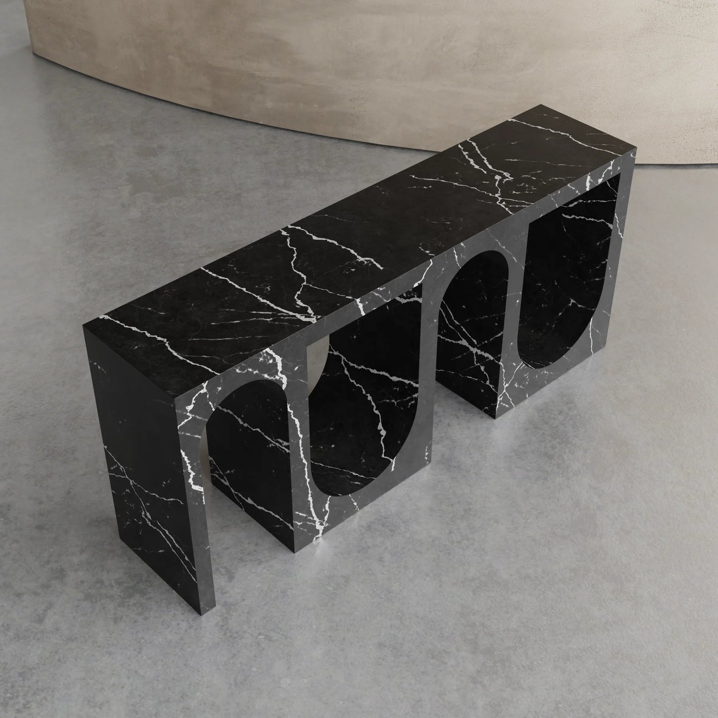 Nova Nero Marquina marble console table sculptural arch design perspective view