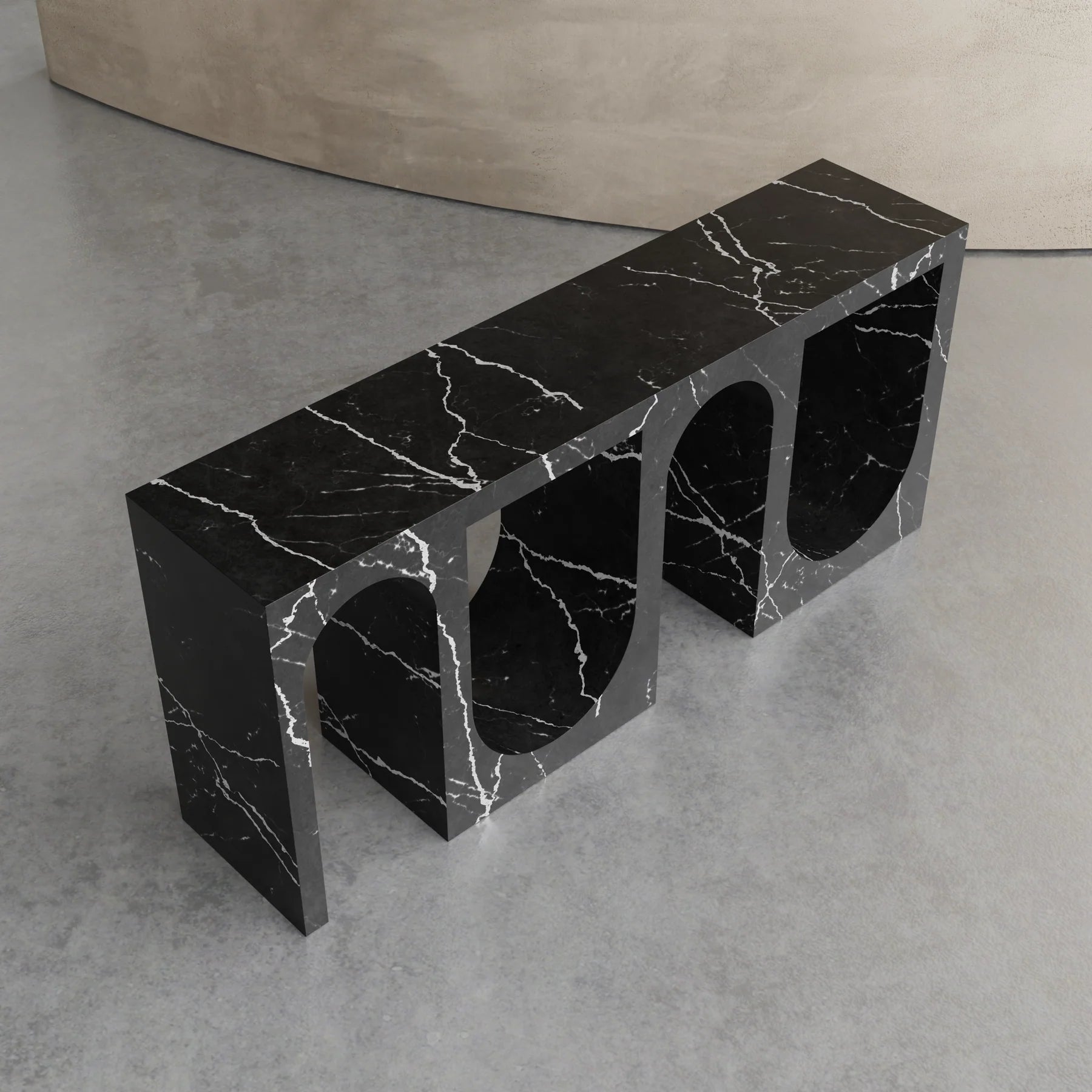 Nova Nero Marquina marble console table sculptural arch design perspective view
