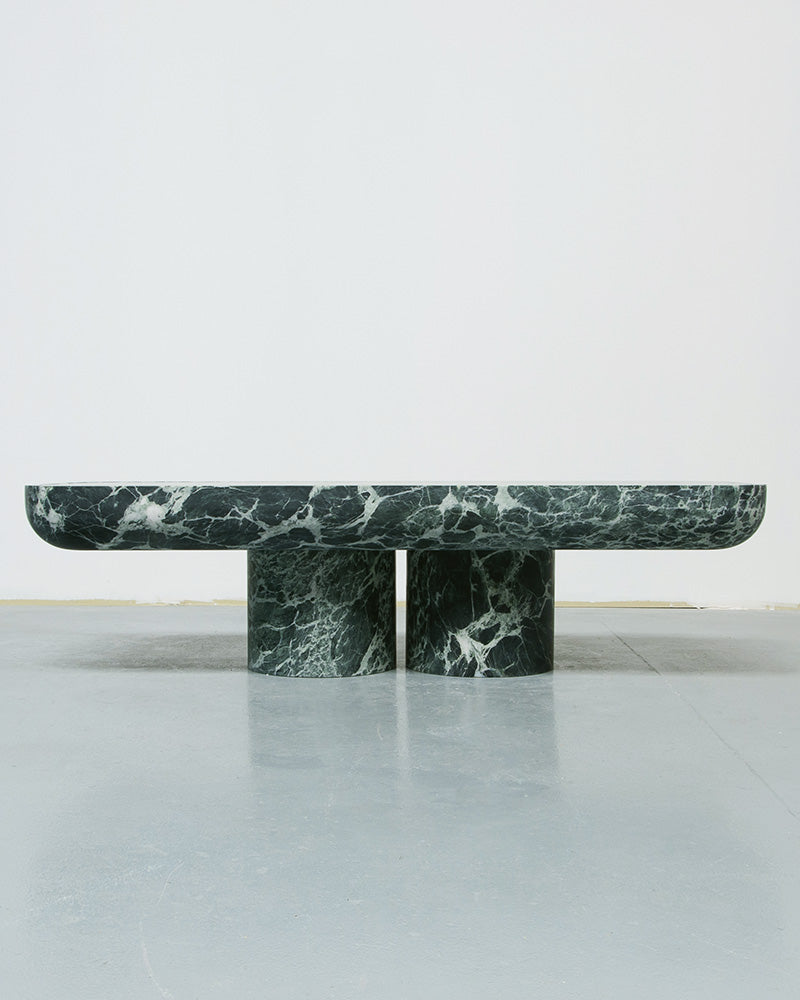 Novara green marble coffee table with double cylindrical base by Eden Stone Designs