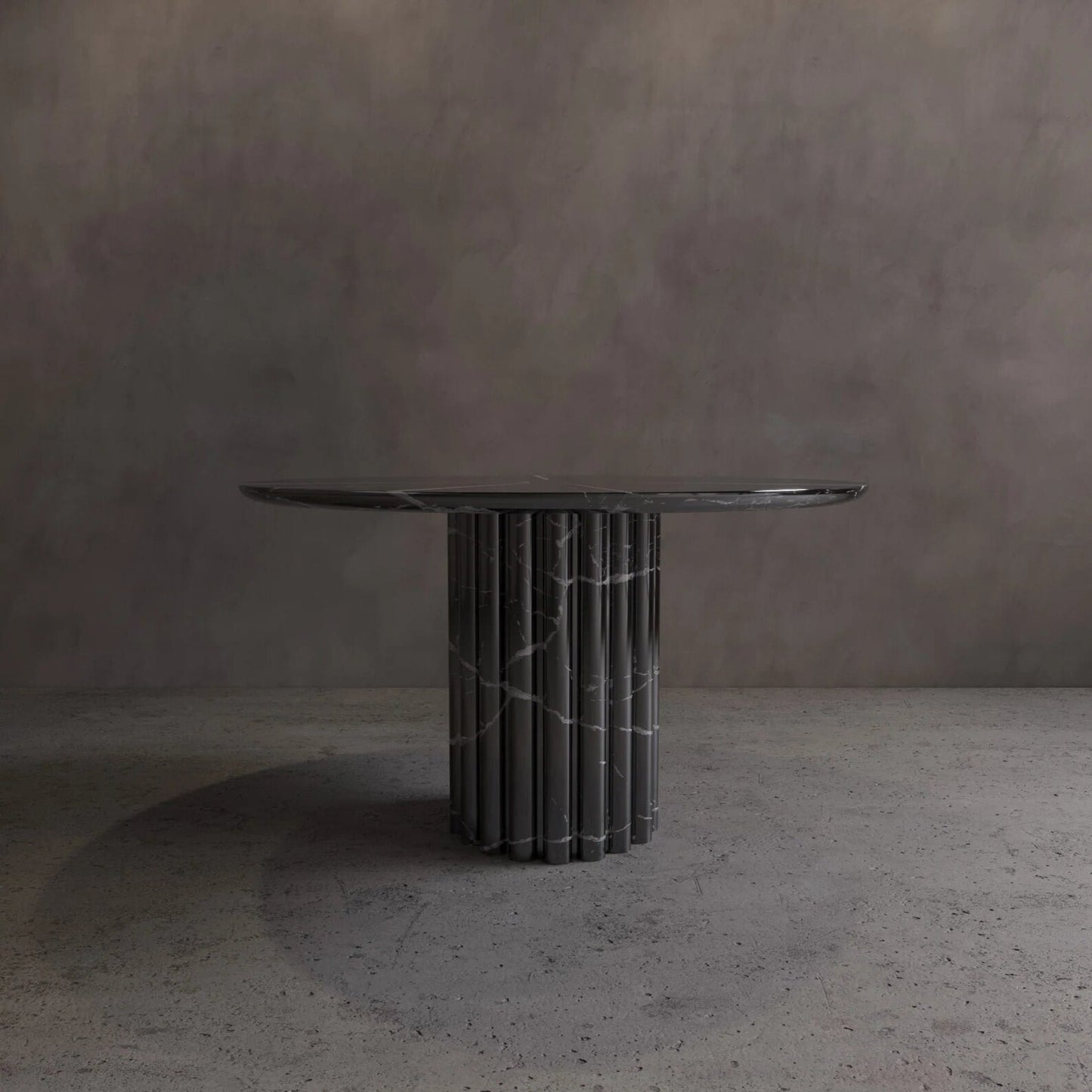 Palermo round black marble dining table with sculptural fluted marble pedestal base by Eden Stone Designs