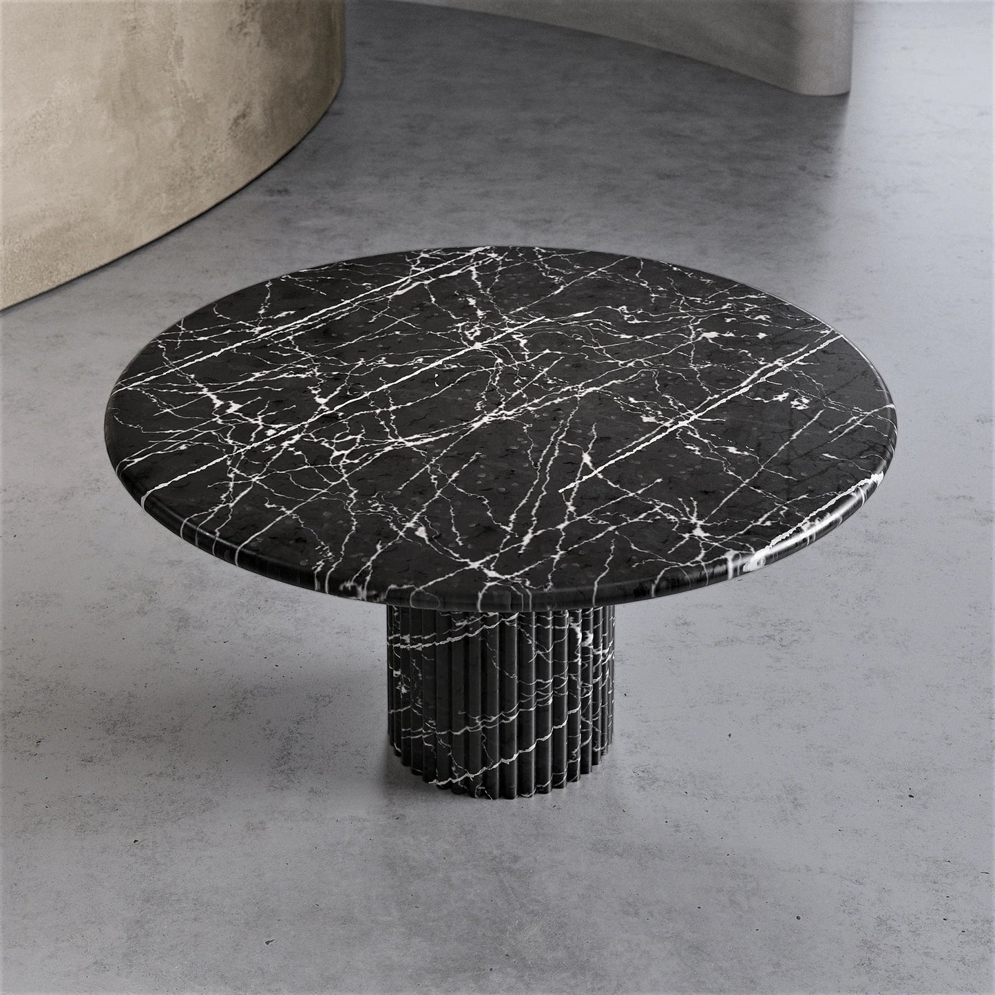 Top view of Palermo round black marble dining table with natural Nero Marquina stone surface by Eden Stone Designs