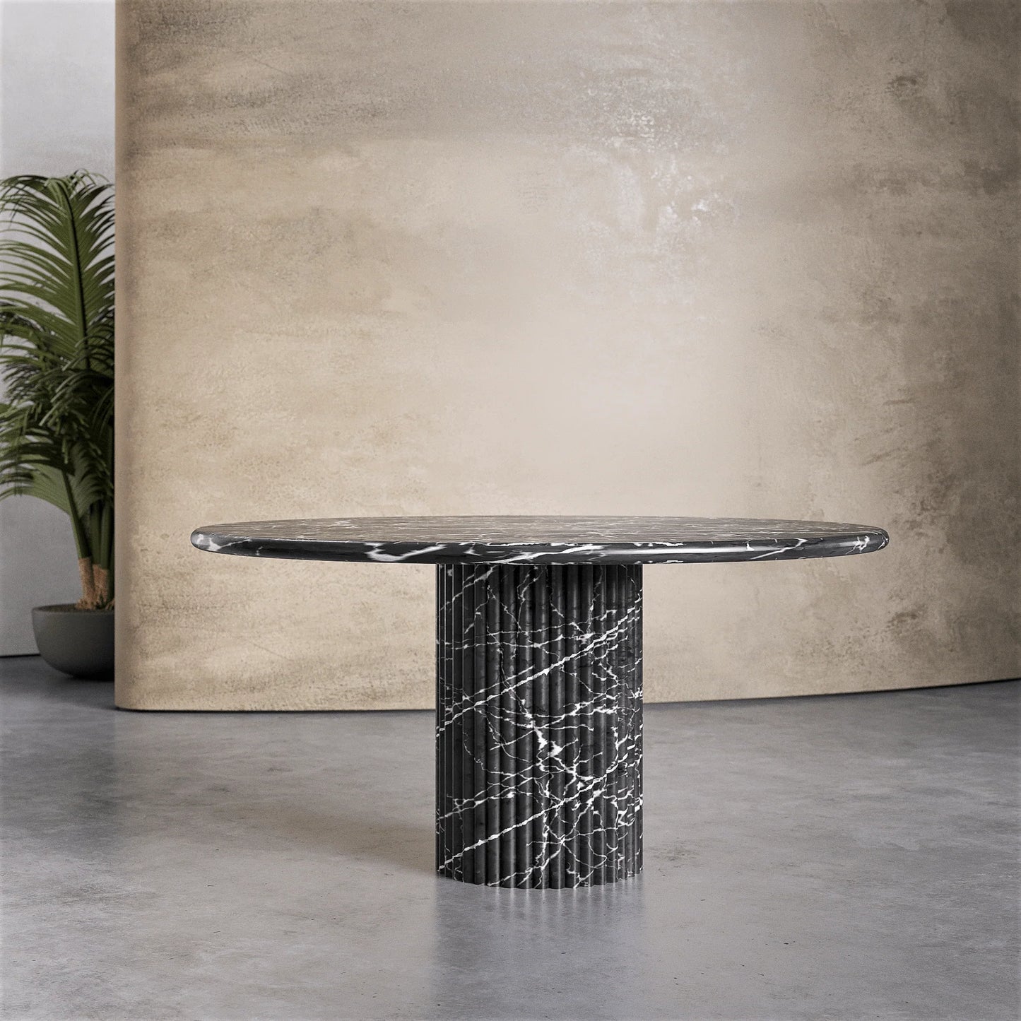 Palermo round black marble dining table with sculptural fluted marble pedestal base by Eden Stone Designs