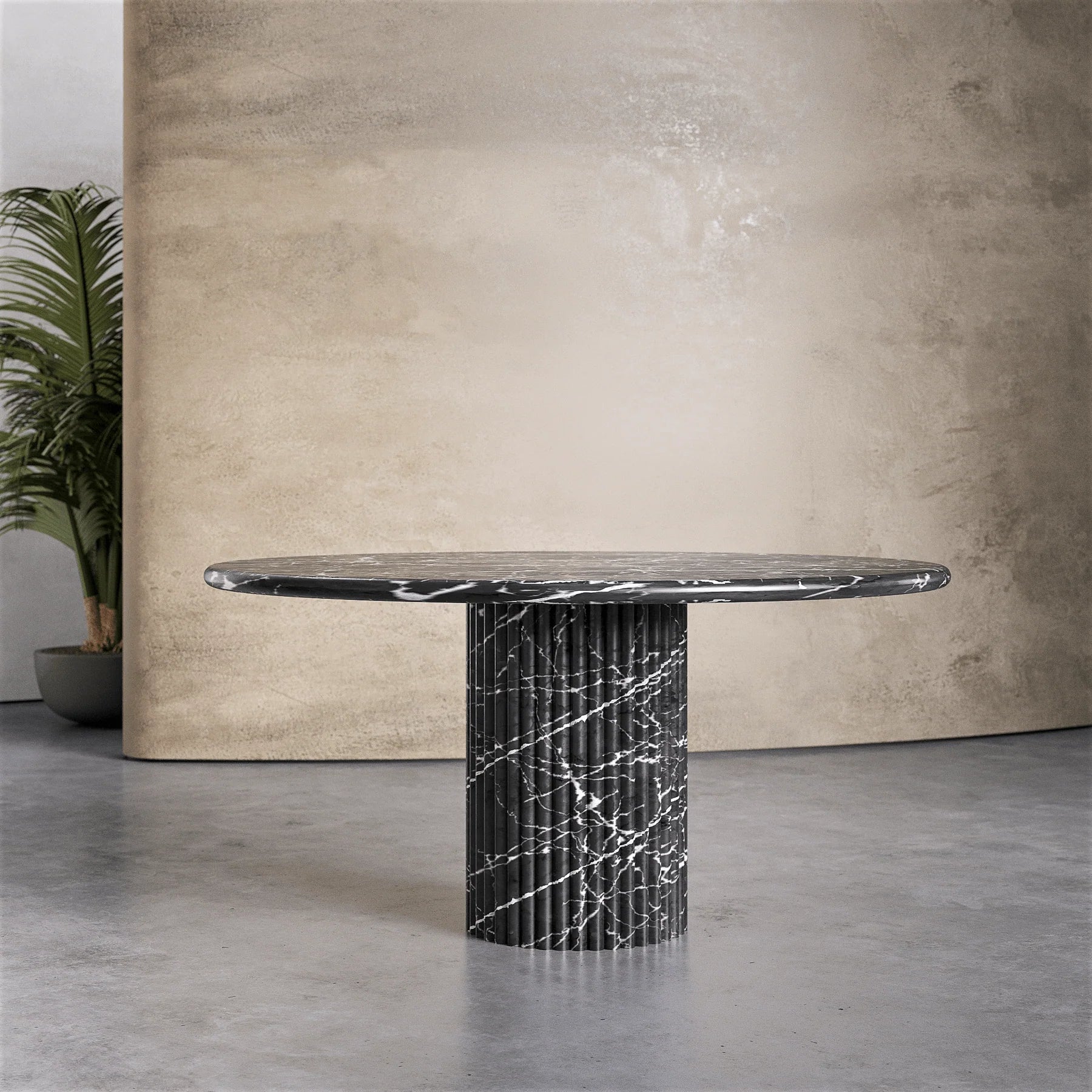 Palermo round black marble dining table with sculptural fluted marble pedestal base by Eden Stone Designs