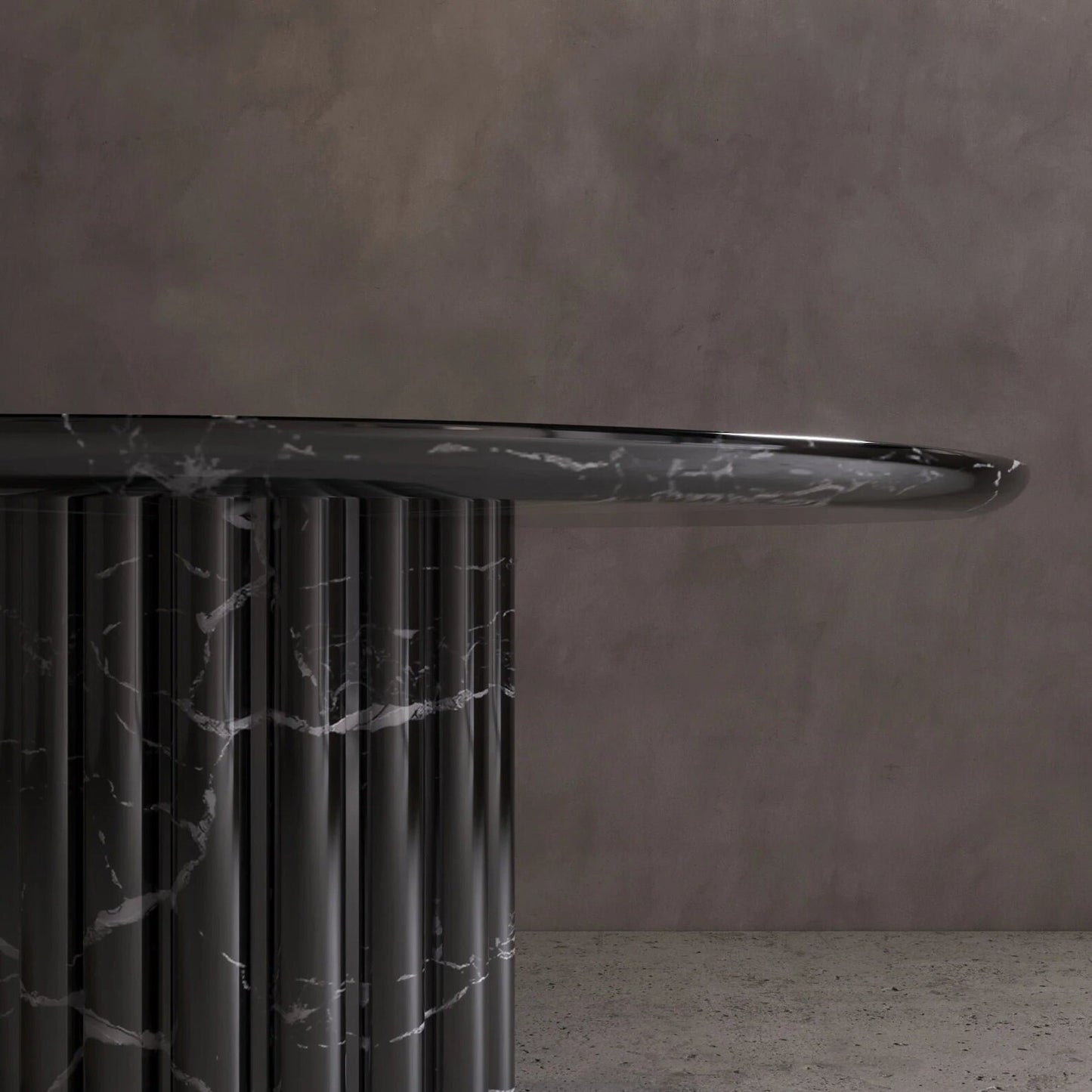 Detail of Palermo round black marble dining table with sculptural fluted marble pedestal by Eden Stone Designs