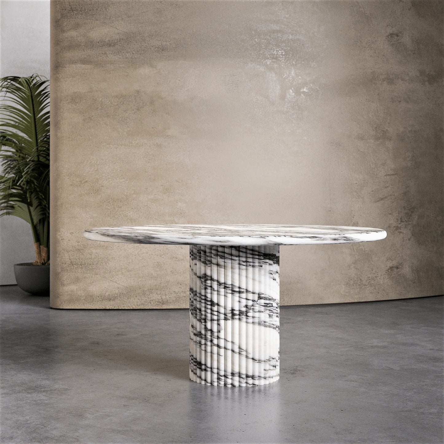Palermo round white marble dining table with sculptural fluted marble pedestal base by Eden Stone Designs