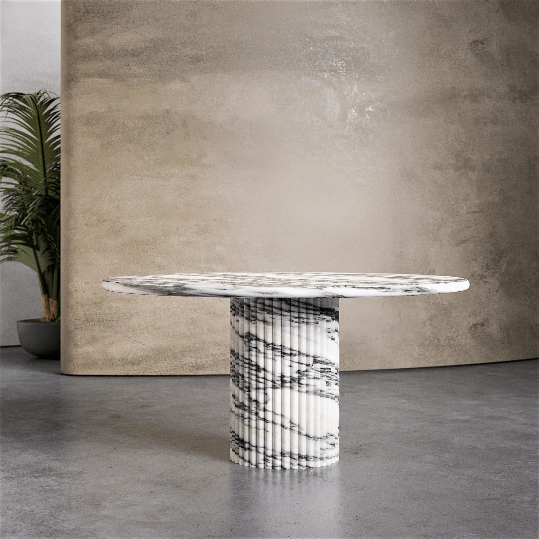 Palermo round white marble dining table with sculptural fluted marble pedestal base by Eden Stone Designs