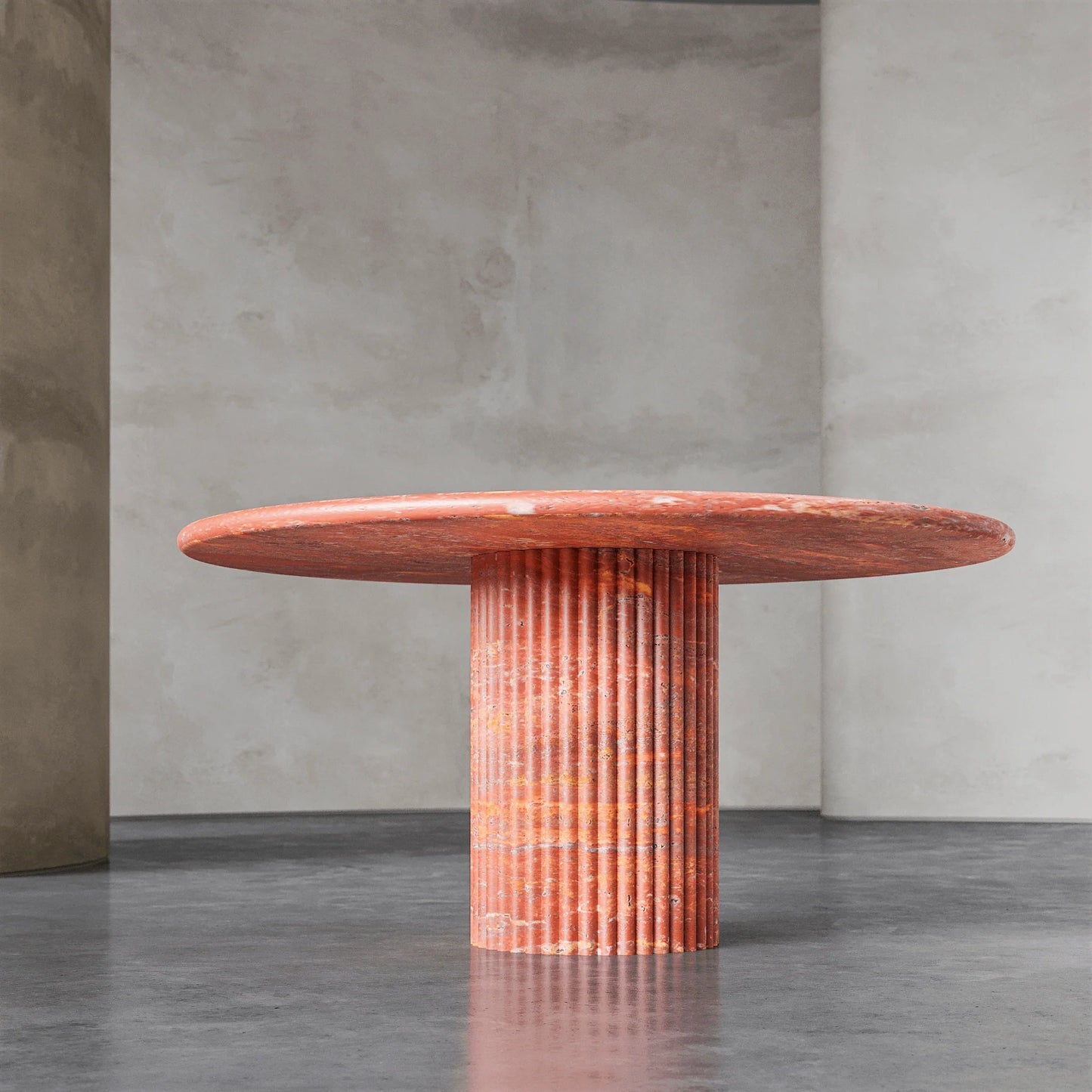 Palermo round red marble dining table with sculptural fluted marble pedestal base by Eden Stone Designs