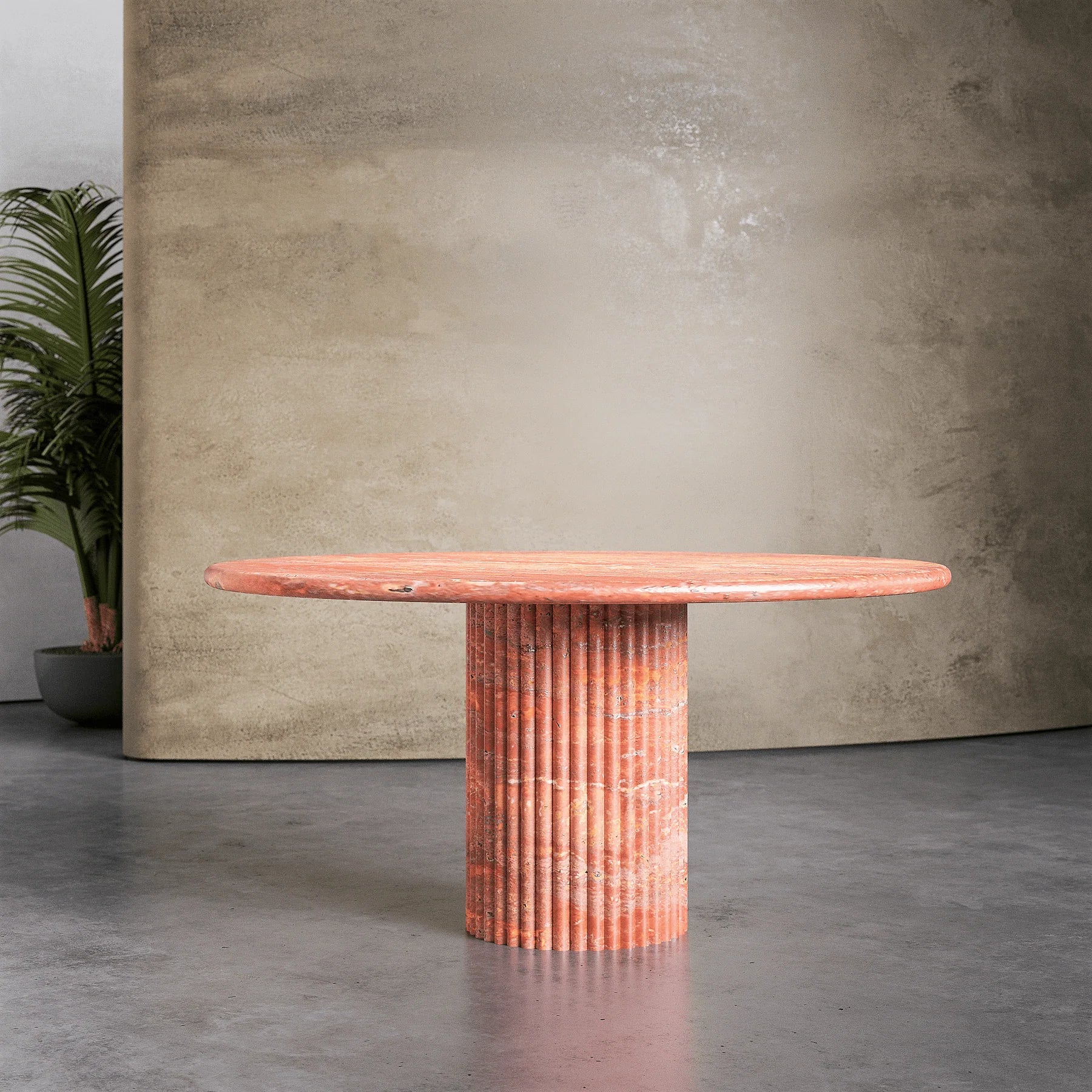 Palermo round red marble dining table with sculptural fluted marble pedestal base by Eden Stone Designs