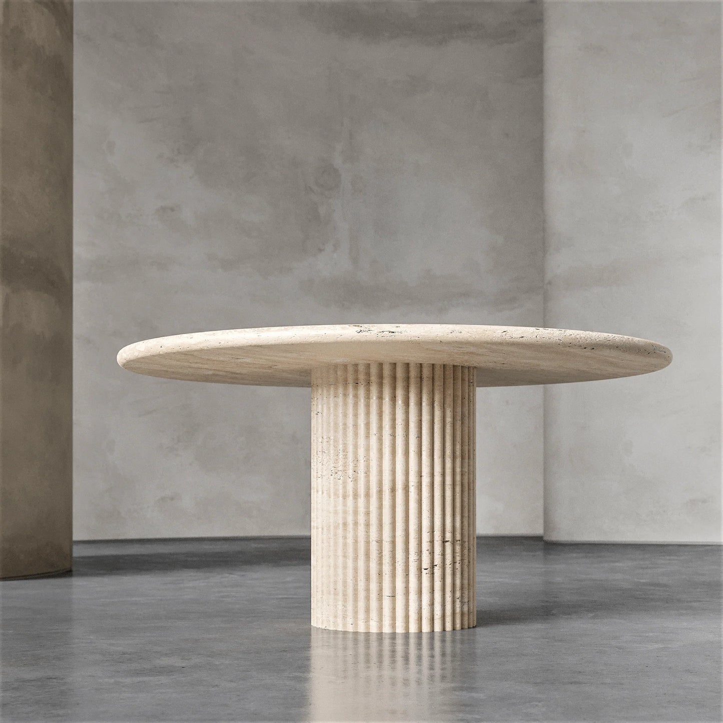 Palermo round beige marble dining table with sculptural fluted marble pedestal base by Eden Stone Designs