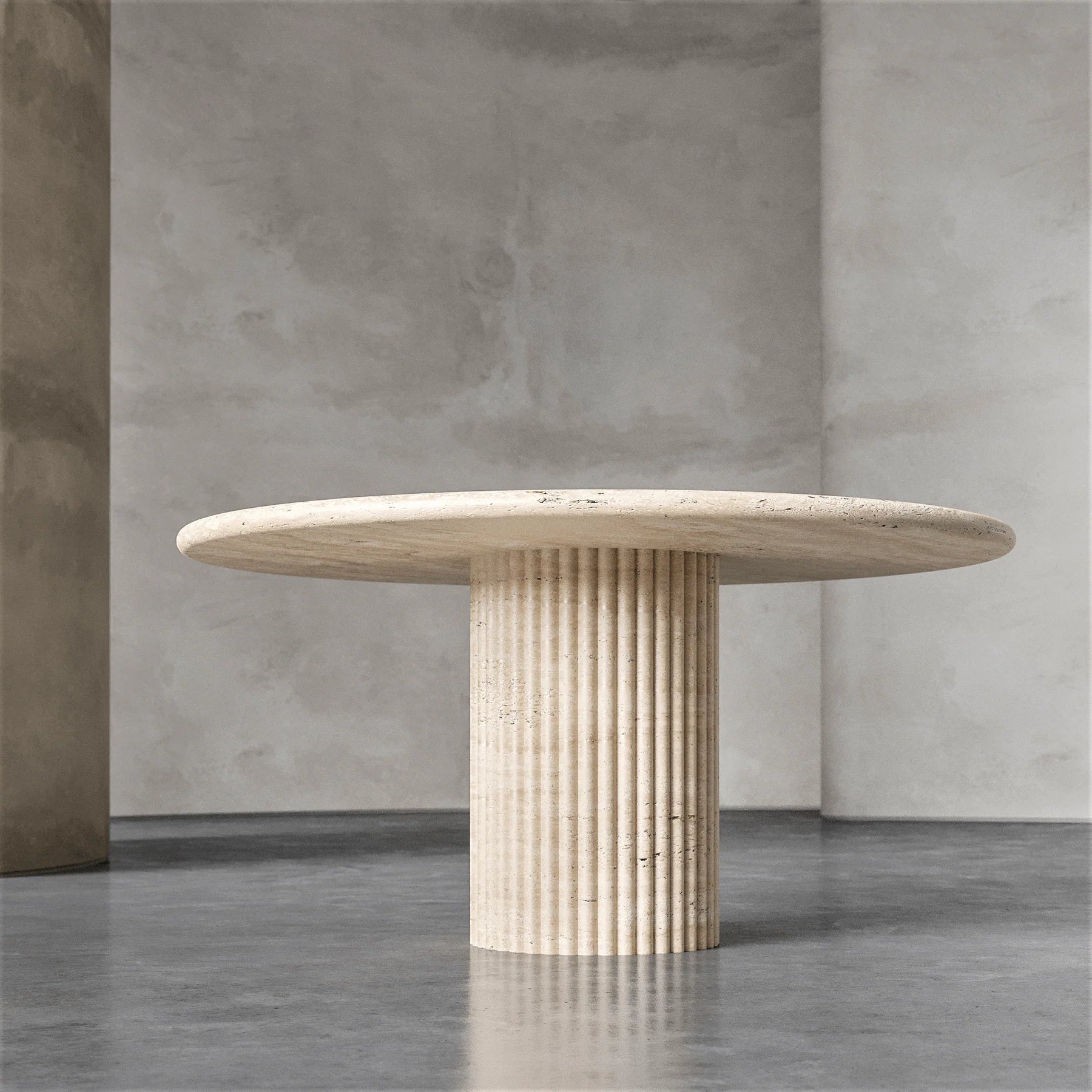 Palermo round beige marble dining table with sculptural fluted marble pedestal base by Eden Stone Designs