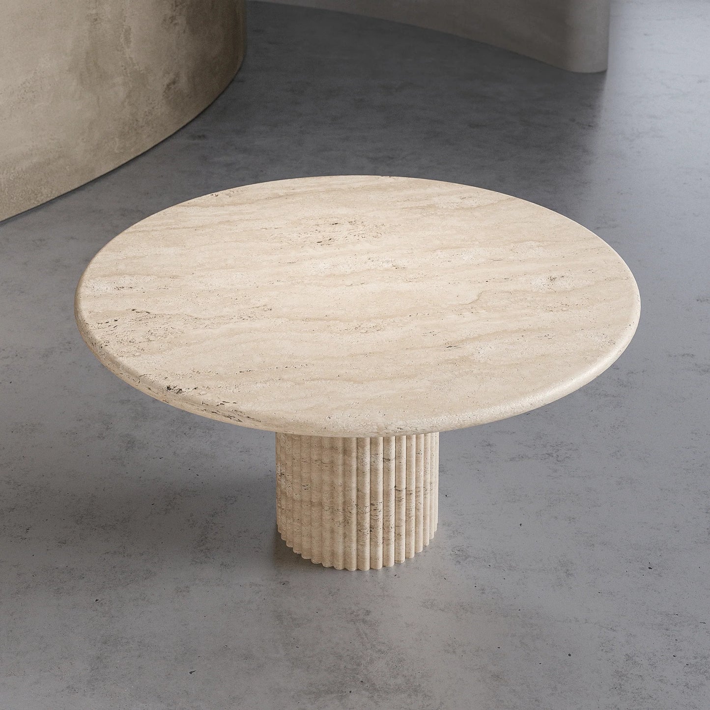 Palermo round beige marble dining table with natural stone top and fluted pedestal base by Eden Stone Designs