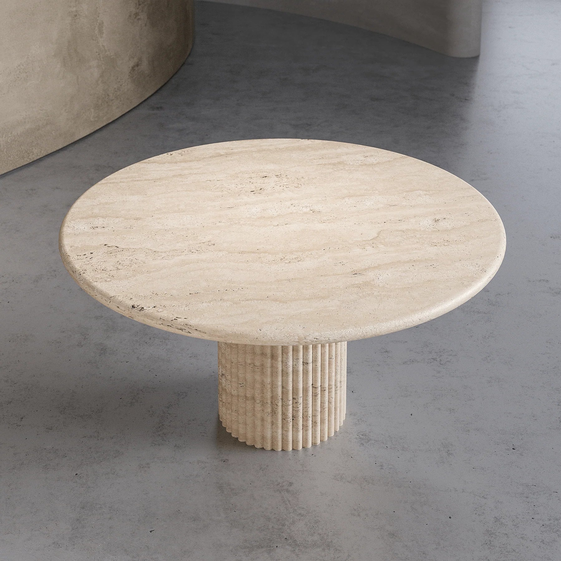 Palermo round beige marble dining table with natural stone top and fluted pedestal base by Eden Stone Designs