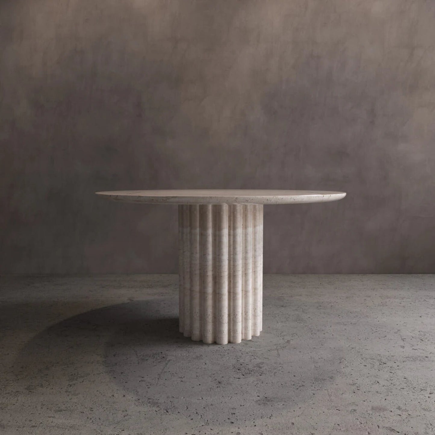 Palermo round marble dining table with sculptural fluted marble pedestal base by Eden Stone Designs