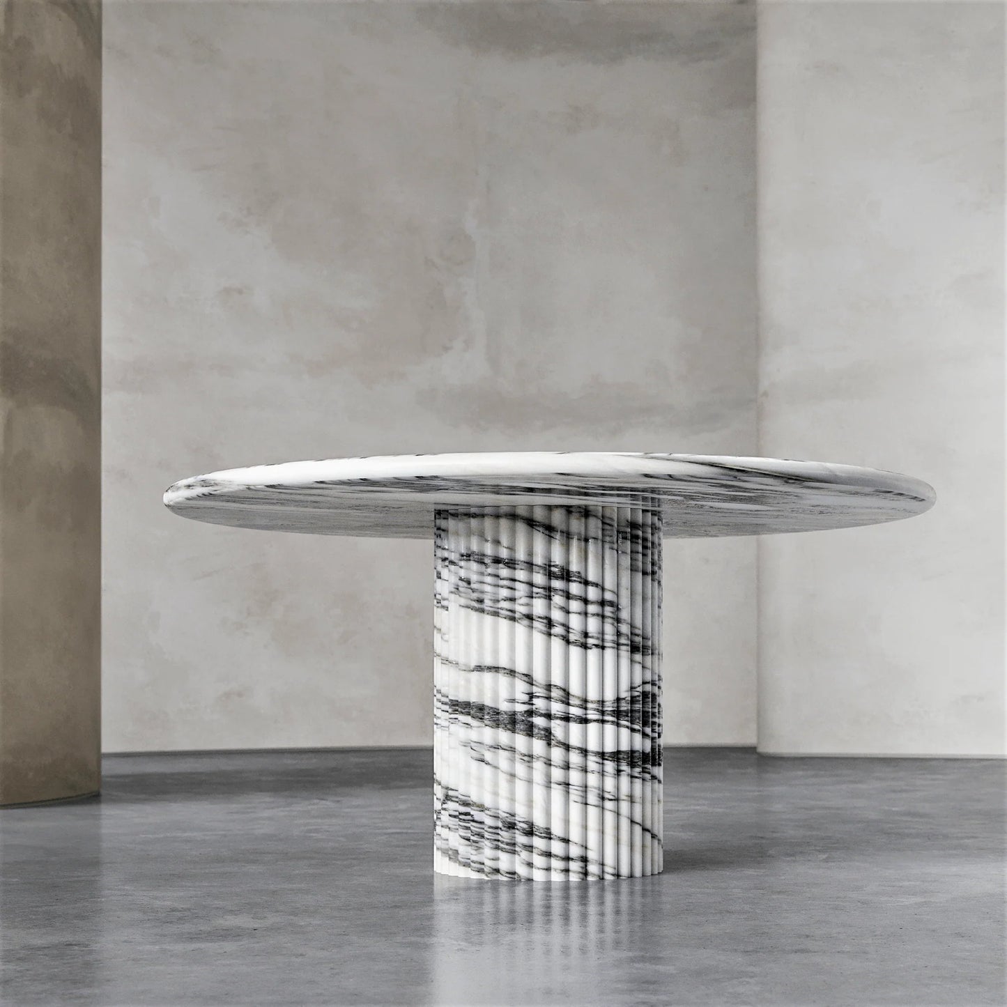 Palermo round white marble dining table with sculptural fluted marble pedestal base by Eden Stone Designs