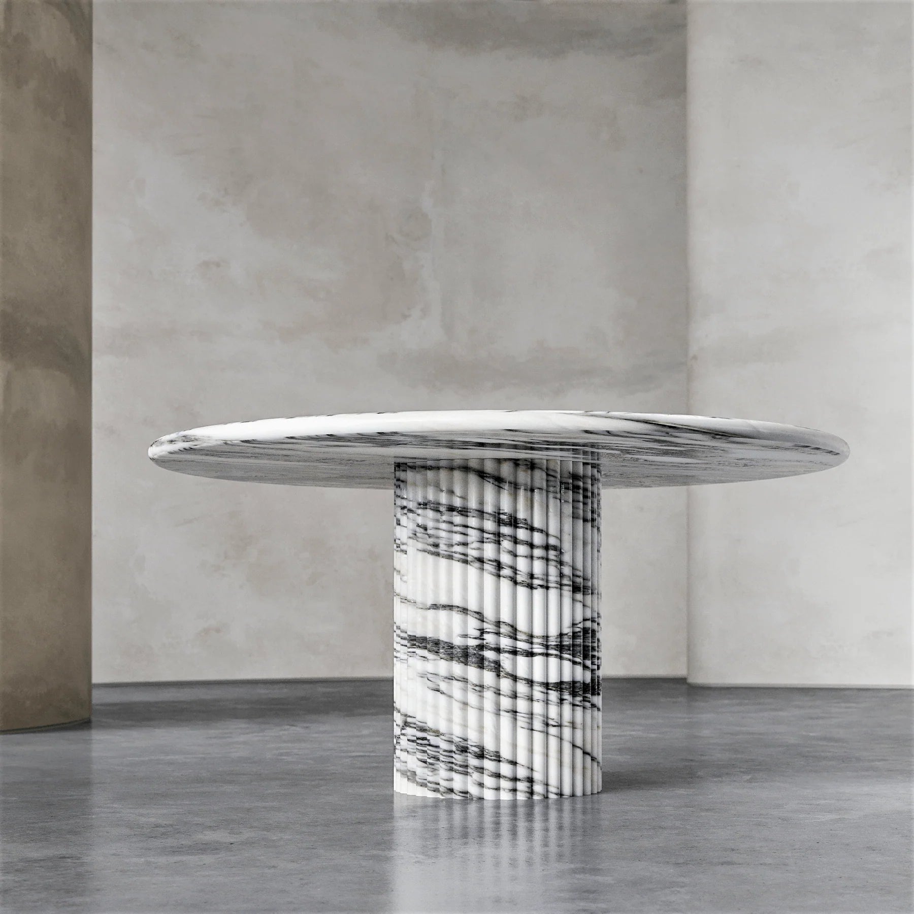 Palermo round white marble dining table with sculptural fluted marble pedestal base by Eden Stone Designs