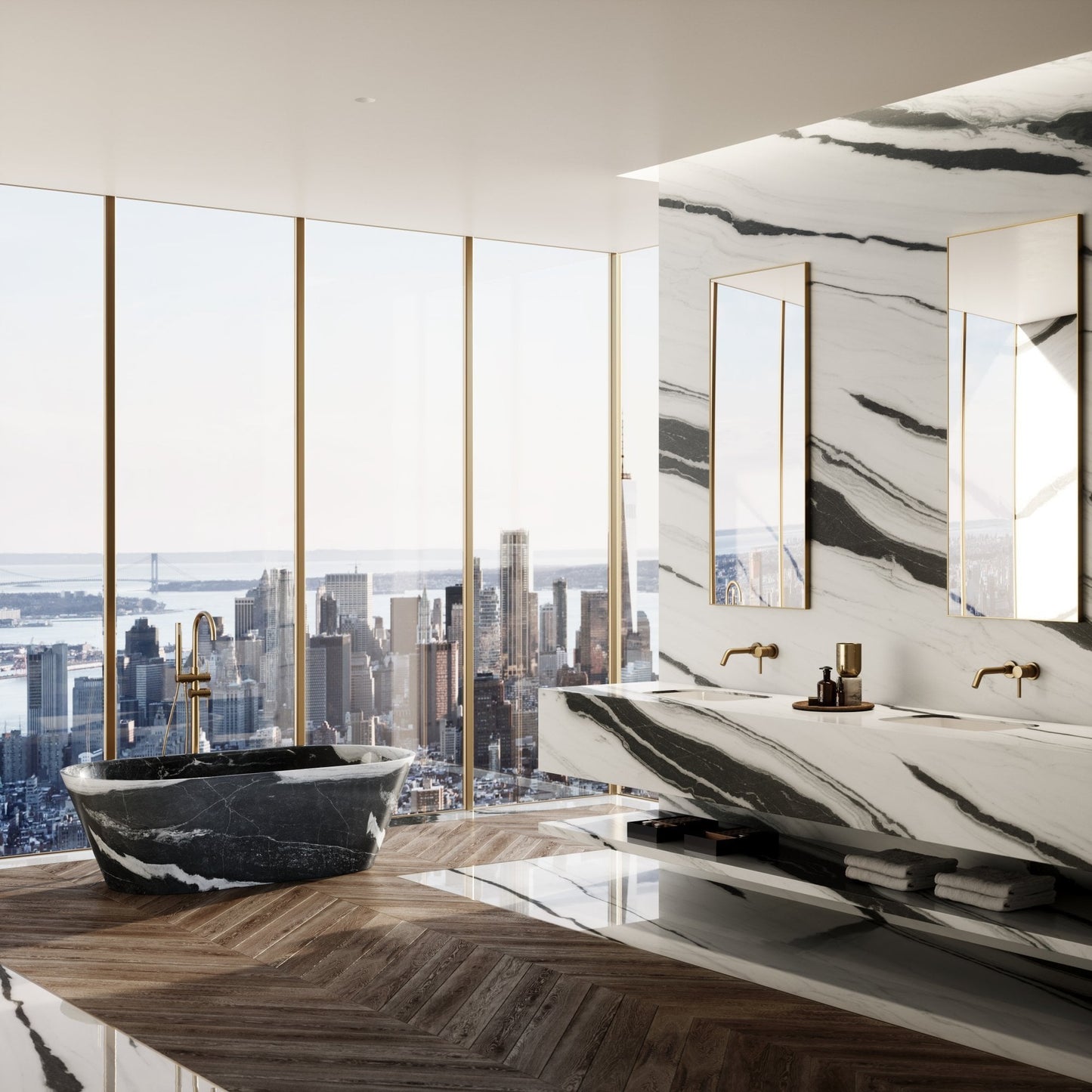 Cosenza panda marble freestanding bathtub in luxury marble bathroom by Eden Stone Designs