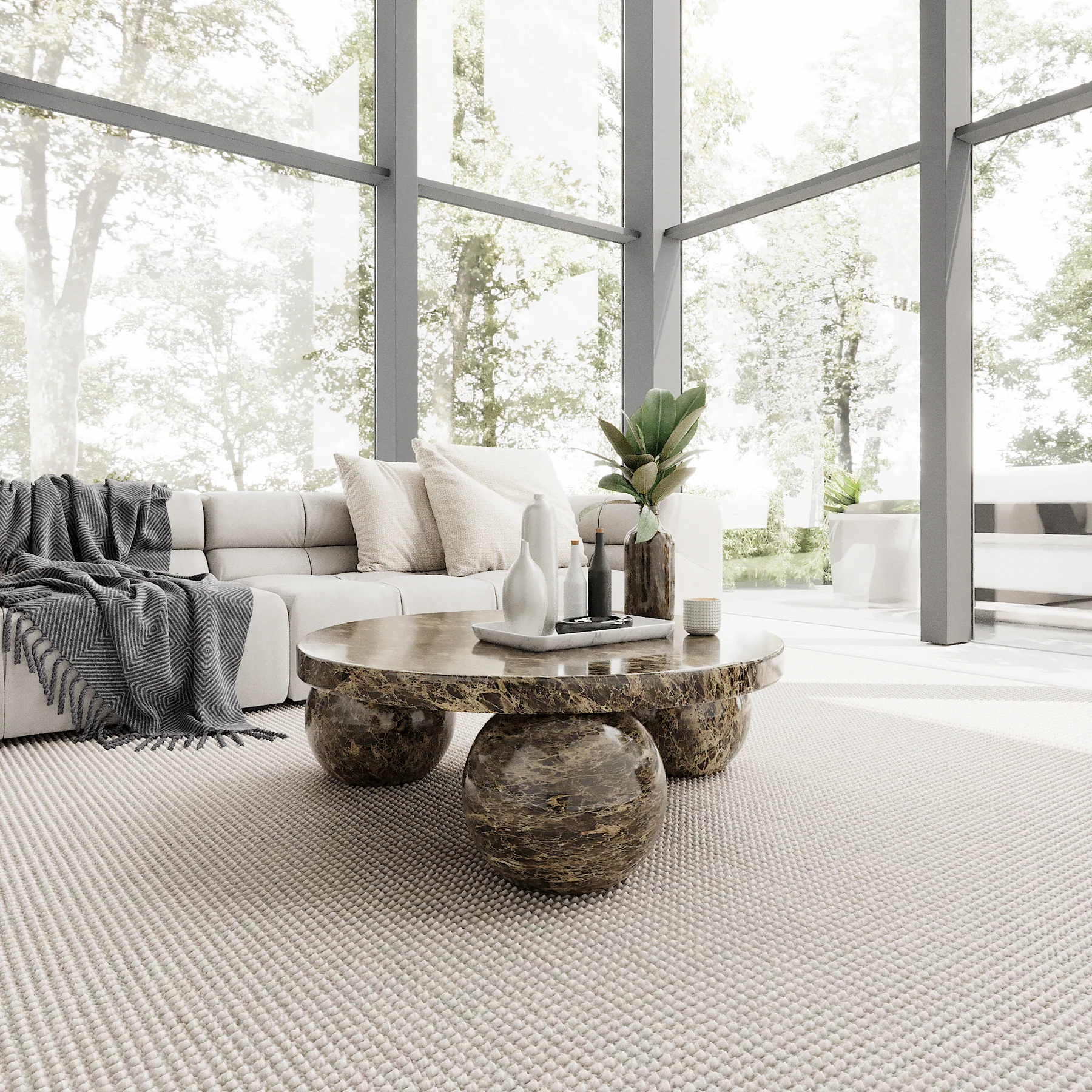 Piccolo Dark Emperador marble coffee table with spherical base in modern living room