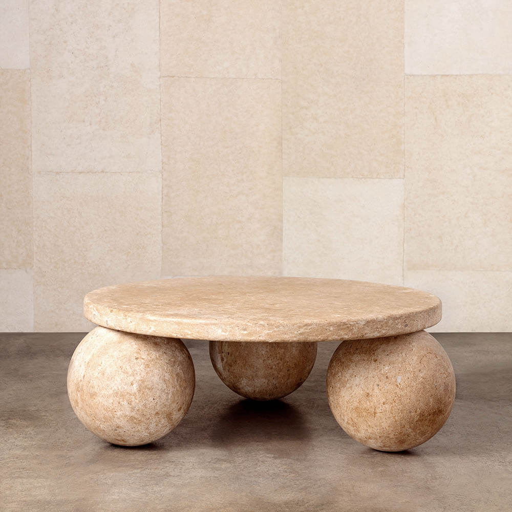 Travertine Piccolo coffee table with sculptural sphere base