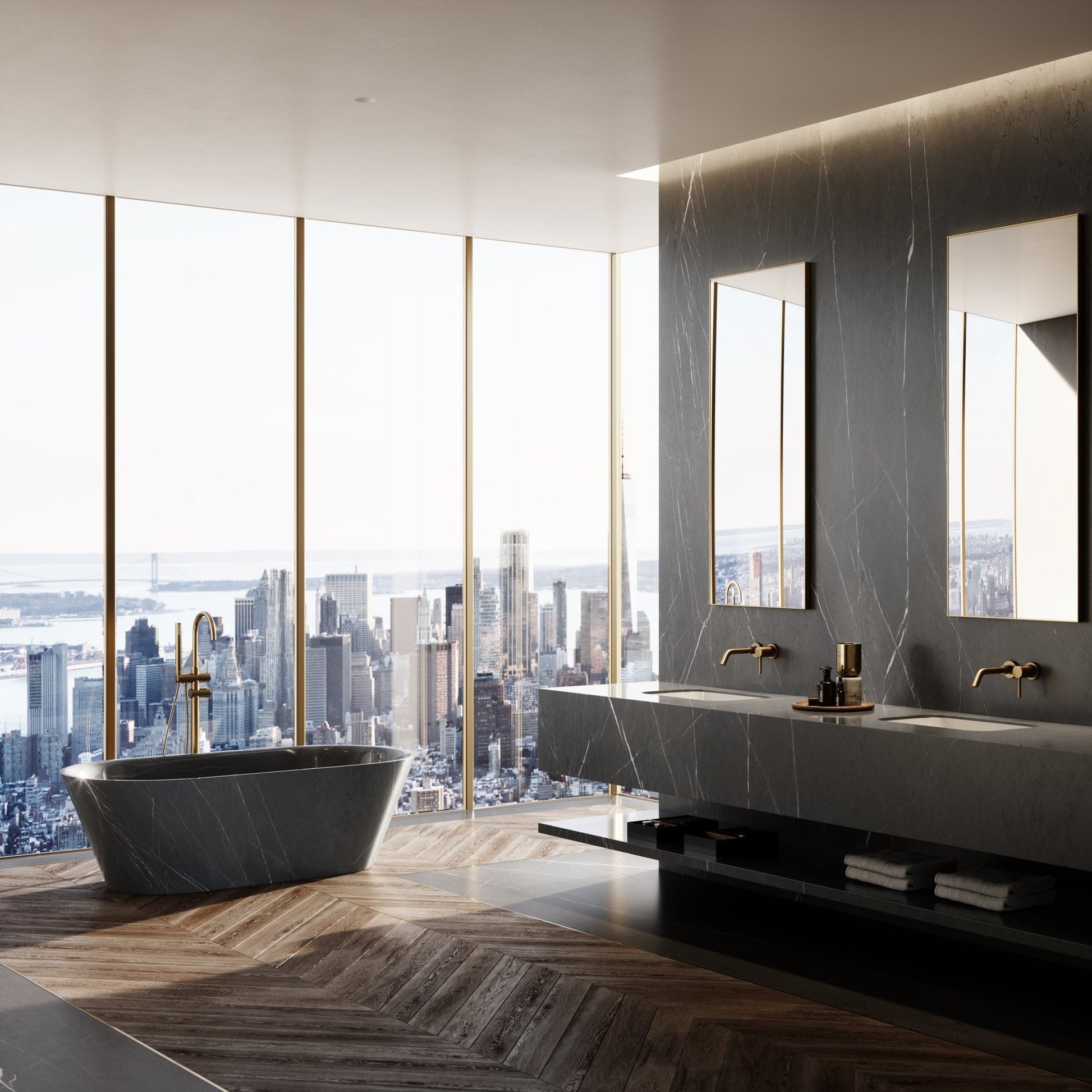 Cosenza Pietra Grey marble freestanding bathtub in luxury marble bathroom by Eden Stone Designs