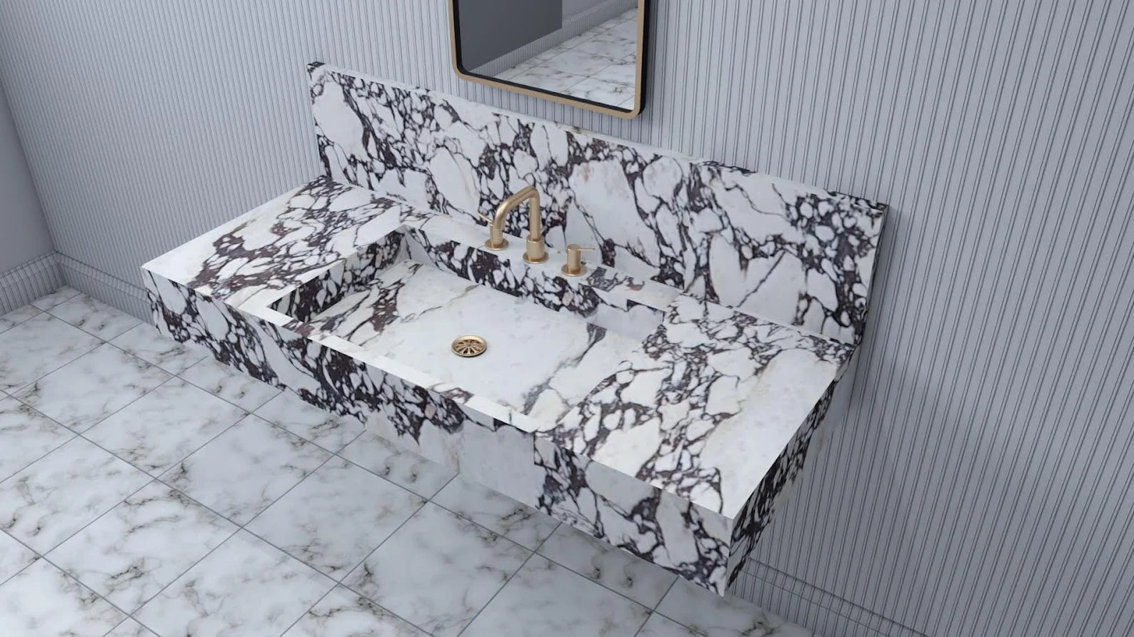 Rome marble sink shown in angled perspective highlighting integrated basin and natural veining