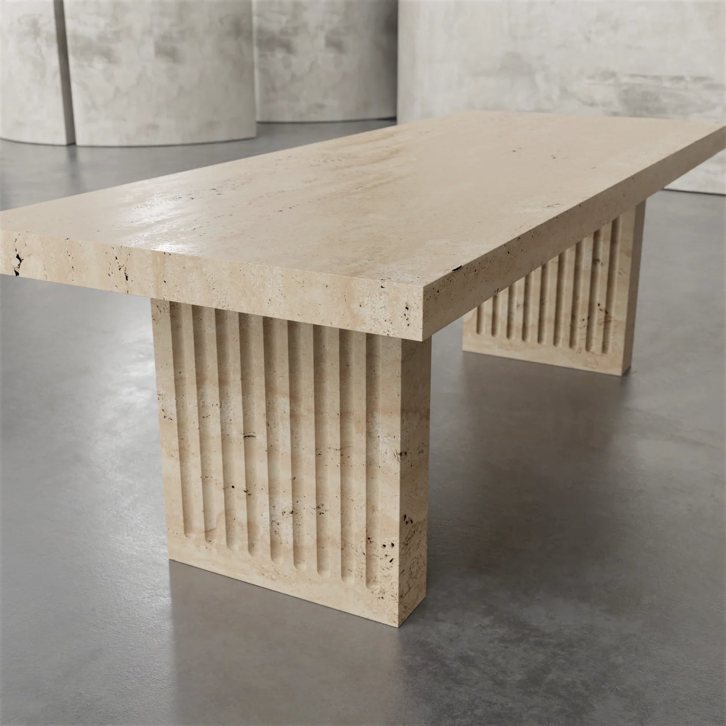 Siena travertine dining table by Eden Stone Designs luxury natural travertine dining table with sculptural fluted base