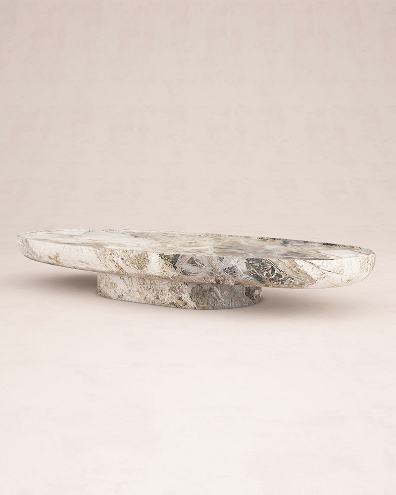 Trento marble coffee table by Eden Stone Designs, luxury natural stone oval coffee table with sculptural base