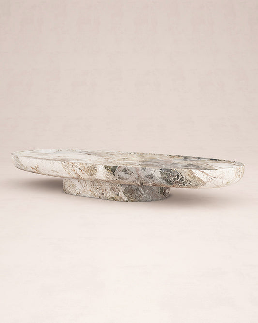 Trento marble coffee table by Eden Stone Designs, luxury natural stone oval coffee table with sculptural base