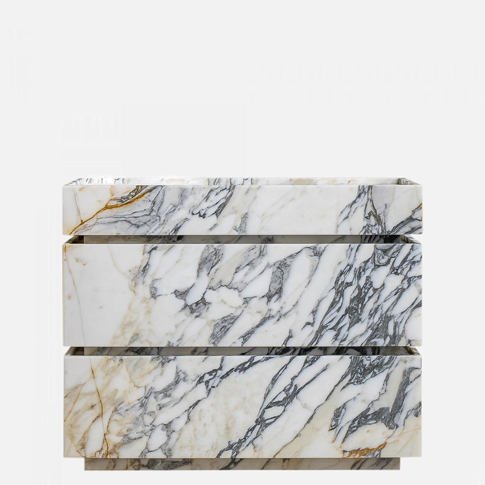 Venice marble vanity in Calacatta Gold isolated on white background showing full design and proportions