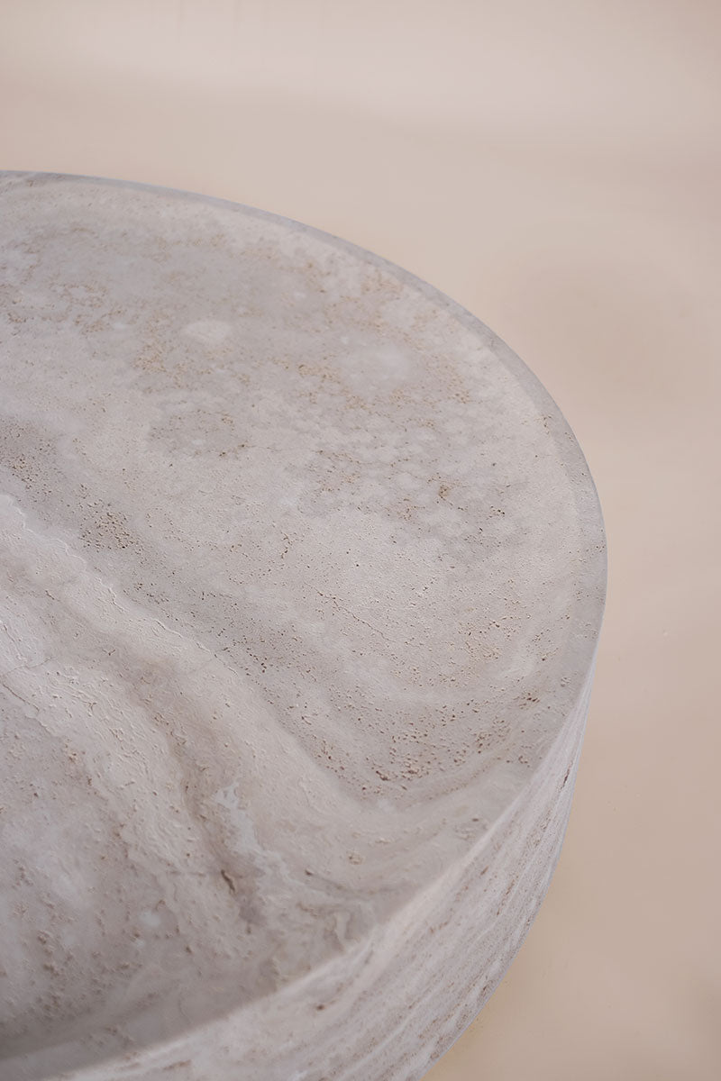 Vicenza round travertine coffee table edge detail natural stone texture Eden Stone Designs